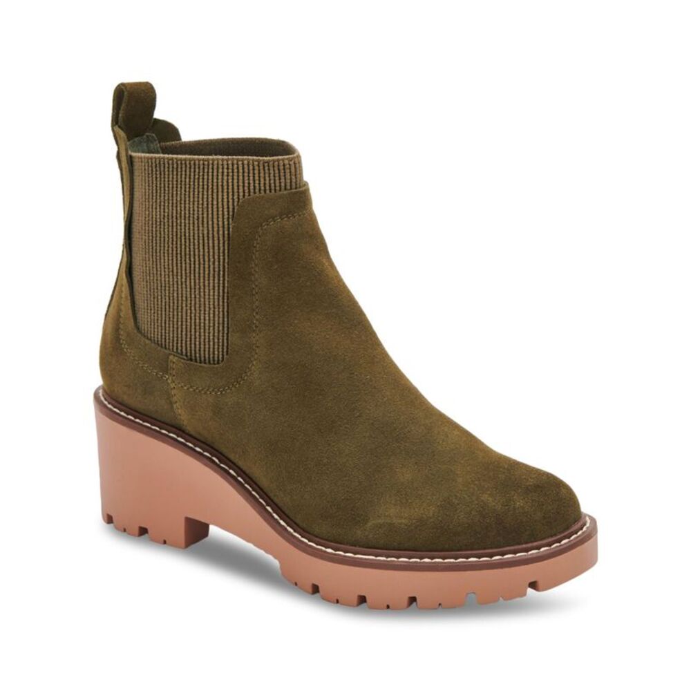 AQUA COLLEGE Womens Green Chelsea Demi Round Toe Wedge Leather Booties 6 M